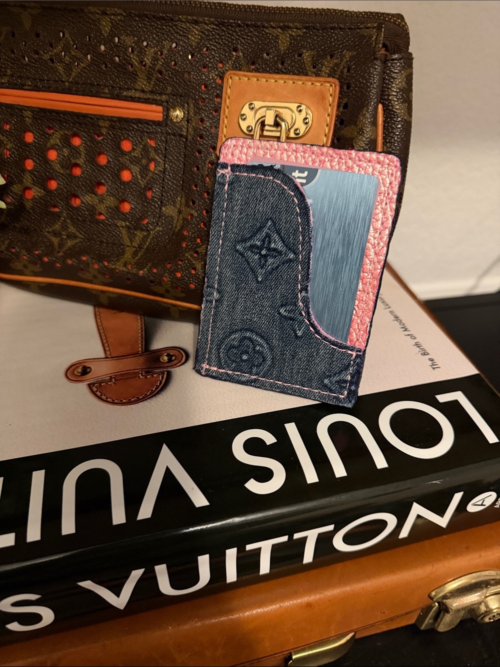 Upcycled Louis Vuitton Denim & Pink Leather Card Holder